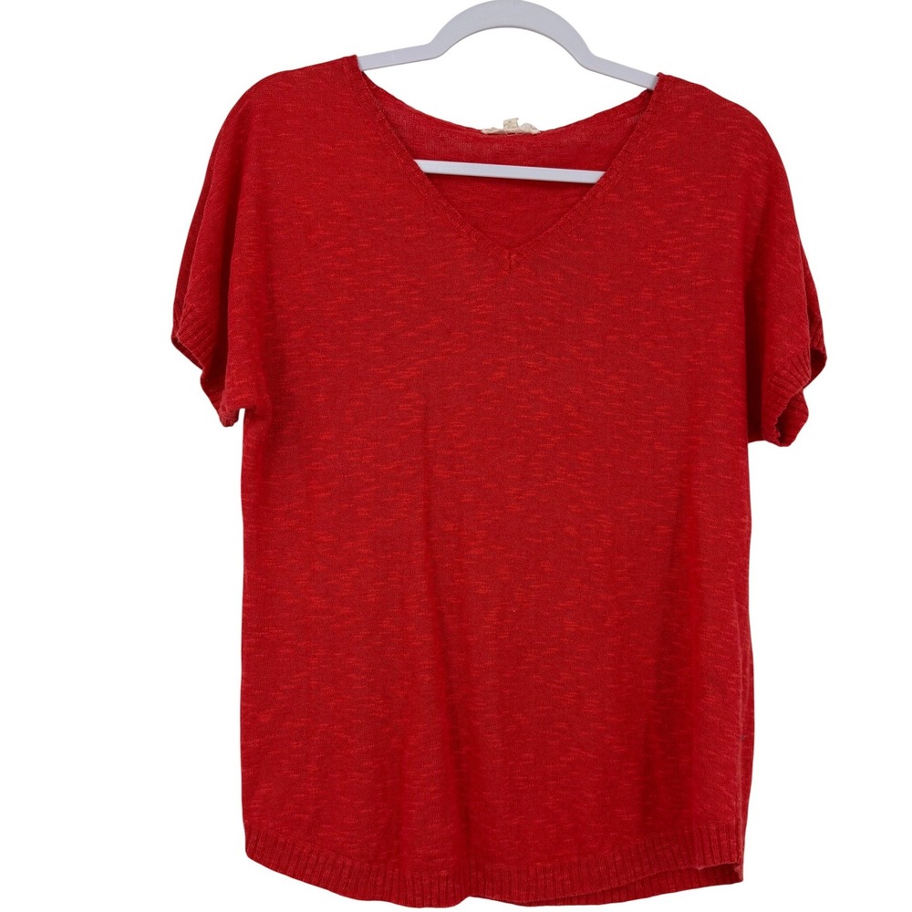 Eileen Fisher Womens Red Linen Cotton V-Neck Short Sleeve Knit Top S S3LF-4